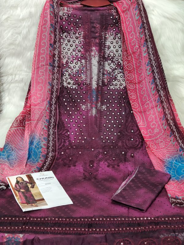 Unstitched Chunri embroidered lawn Purple color - Image 3