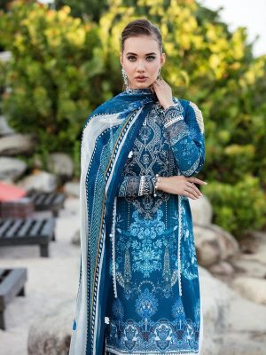 Embroidered Three Piece printed lawn Blue color